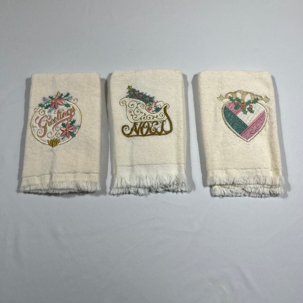 Fingertip Towels Set of 3 Cream Christmas Embroidered Noel Fringed Holiday Decor